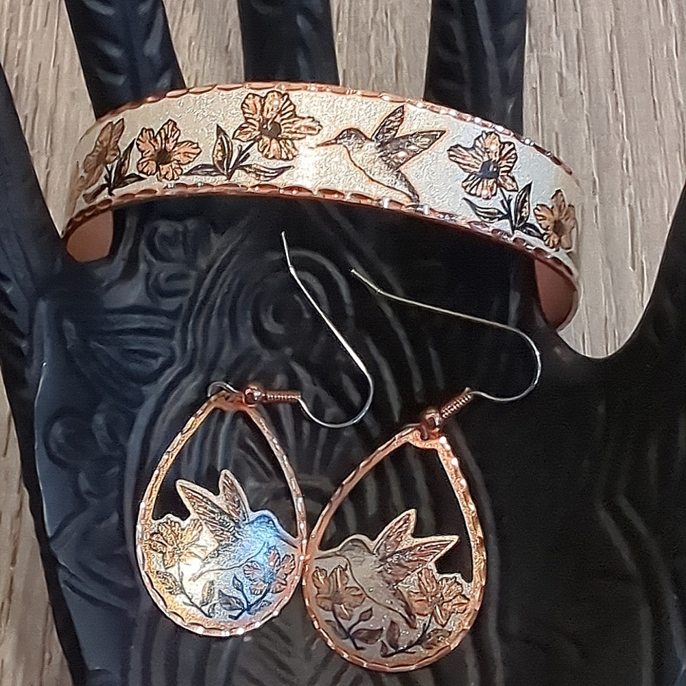 Artisan Handmade Copper Hummingbird Bracelets Cuff and Earrings